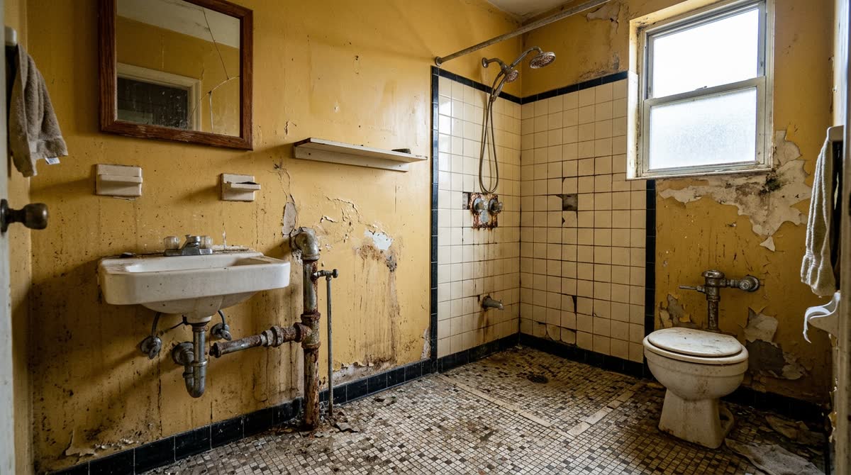 Un baño deteriorado, con humedad en las paredes y artefactos viejos.