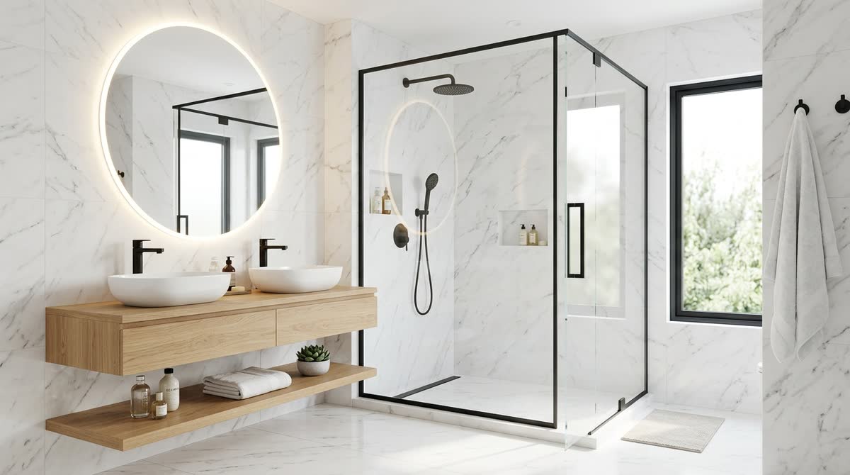 El mismo baño terminado, con revestimiento claro, mampara de vidrio y bacha doble.
