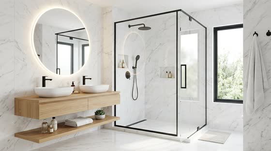 Baño terminado con mampara de vidrio y bacha doble sobre mueble de madera.