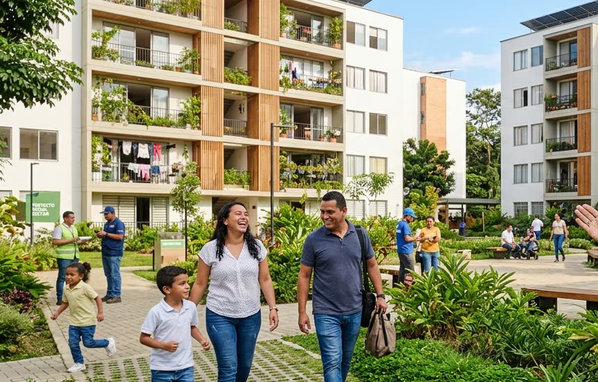 Una familia camina por el pasaje interno de un conjunto de viviendas, con vecinos y trabajadores alrededor.