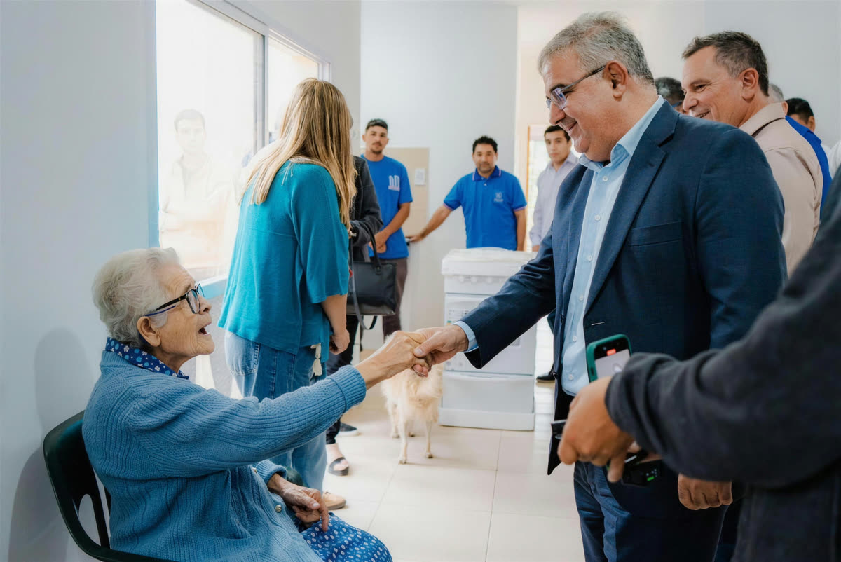 El gobernador Raúl Jalil saluda a una vecina en su nueva vivienda, acompañado por el Ministro Dr. Fidel Sáenz.