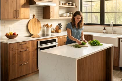 Cocina con muebles de madera a medida y mesada de isla.