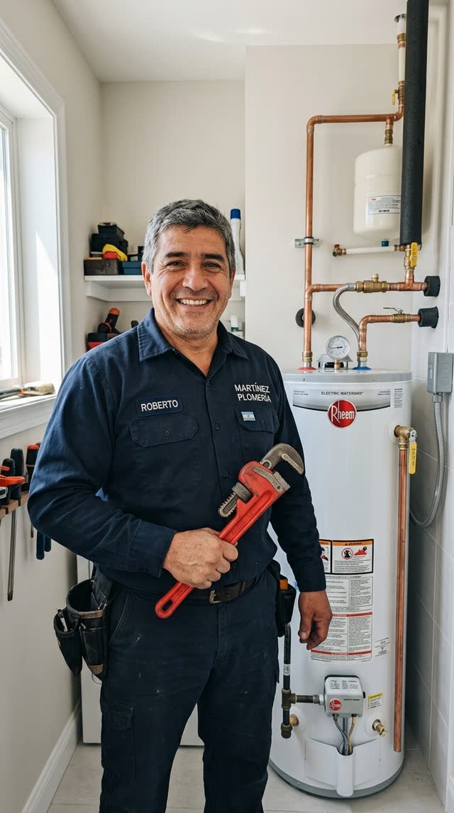 Roberto Martínez, con uniforme de trabajo y llave de caño, junto a un termotanque instalado.