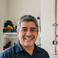 Roberto Martínez, plomero, sonriendo en una sala de máquinas.