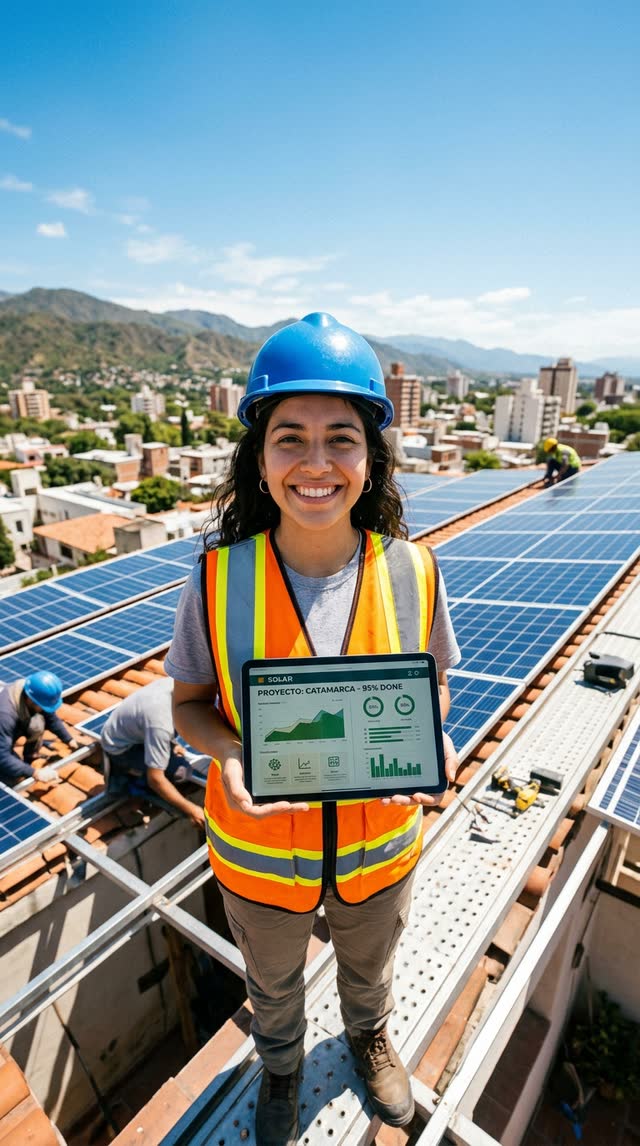Valeria Ocampo, con casco y chaleco, sobre un techo con paneles solares y la sierra de fondo.